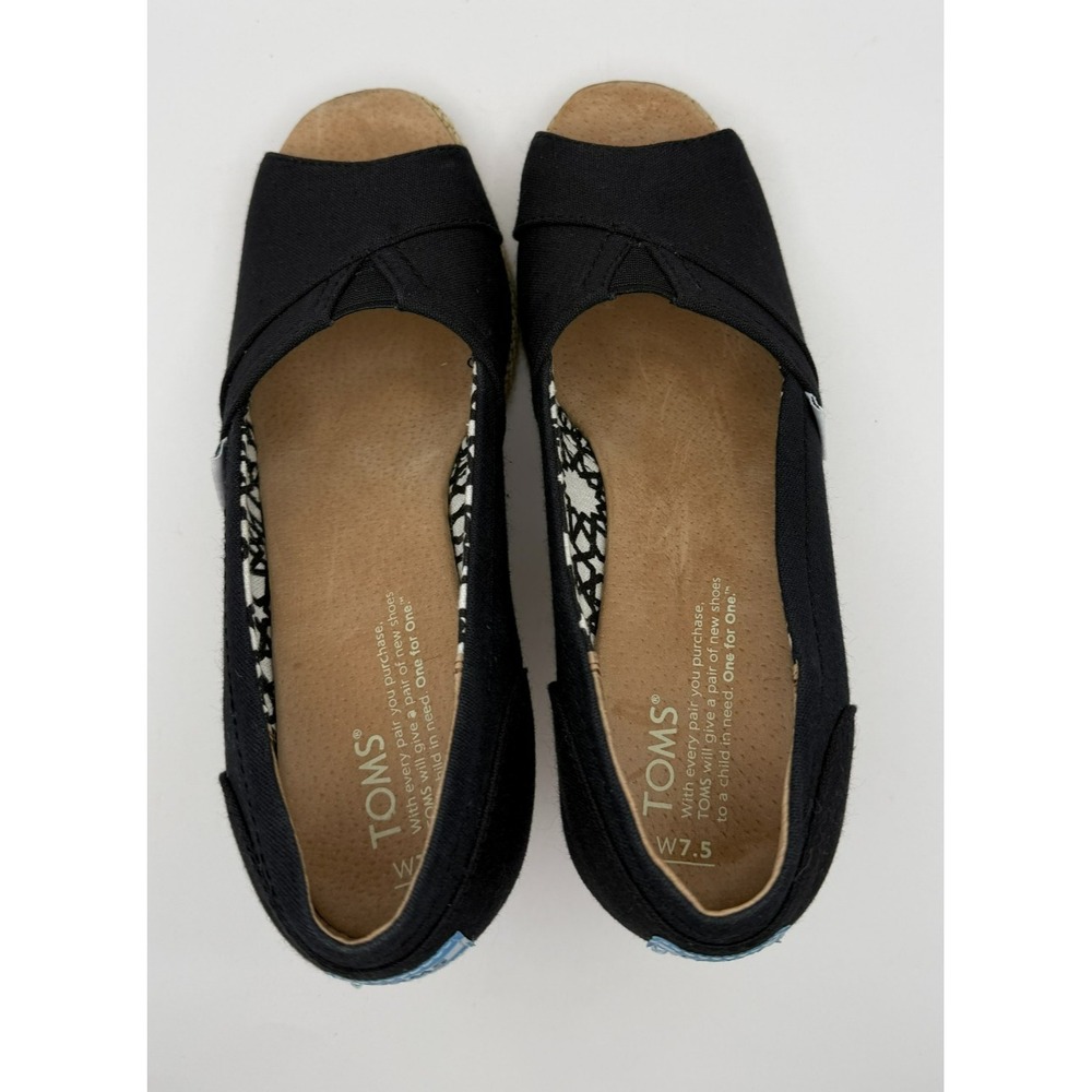 TOMS Womens 7.5 Black Canvas Peep Toe Espadrille Wedge Heels Slip On Shoes